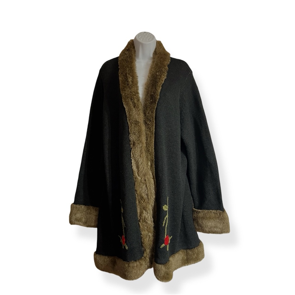 torrid Black Knit Sweater Coat with Brown Faux Fur Trim and Red Floral Detail